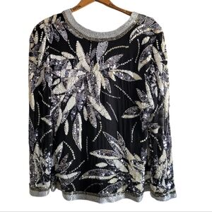 BLACK TIE Oleg Cassini Vintage Beaded Sequin Silk Blouse Small